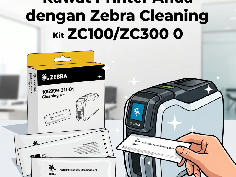 Hand holding a Zebra cleaning kit card beside a Zebra printer cleaning kit box in a promotional illustration with Indonesian text above.