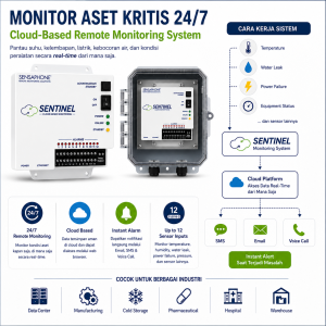 Infographic of a cloud-based monitoring system: SENTINEL hardware, cloud data flow, and instant alerts with SMS/Email/Call mention.