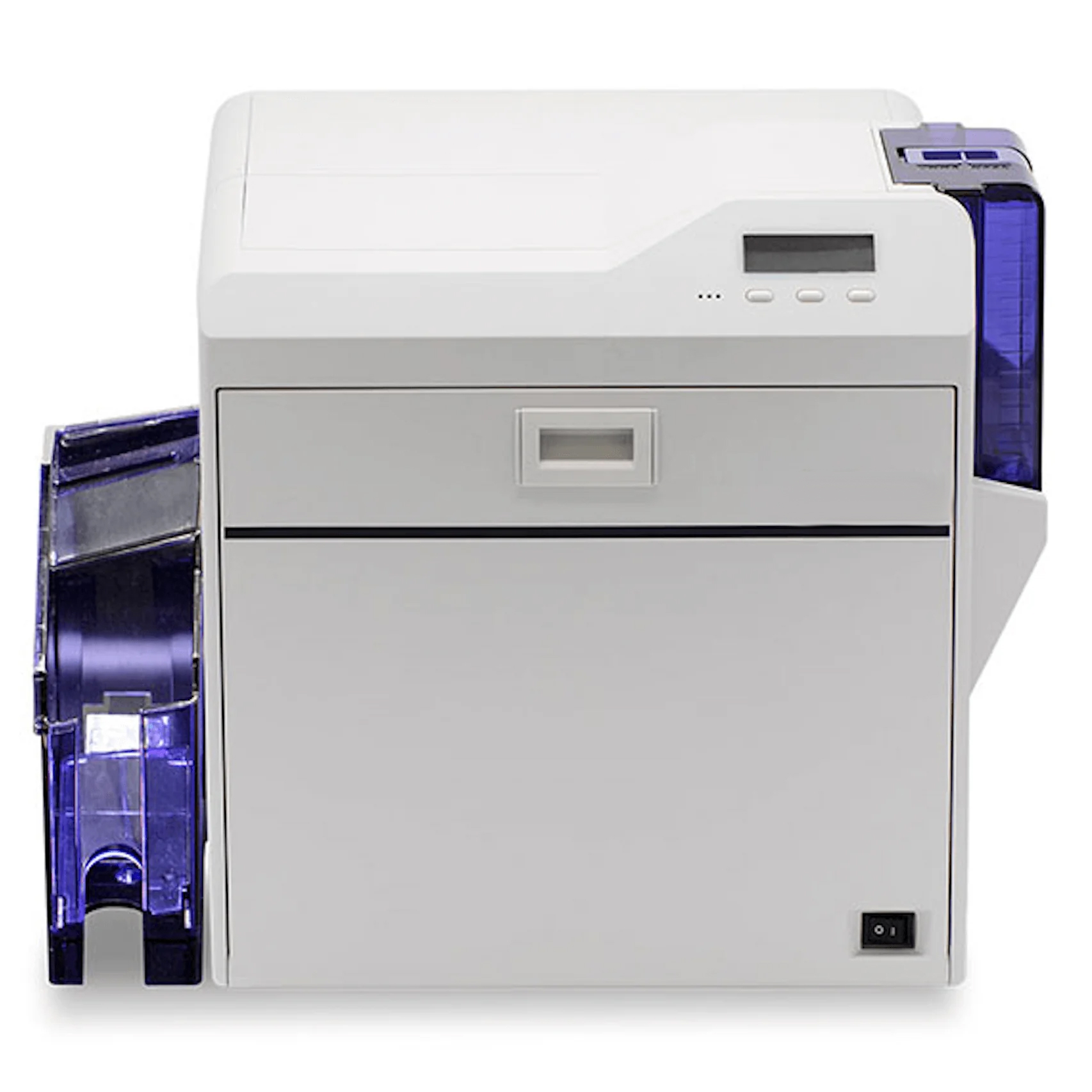 P7500-Retransfer Card Printer | PT All ID Indonesia Front view of a white laser printer with a purple paper tray on the left and a small display on the front panel