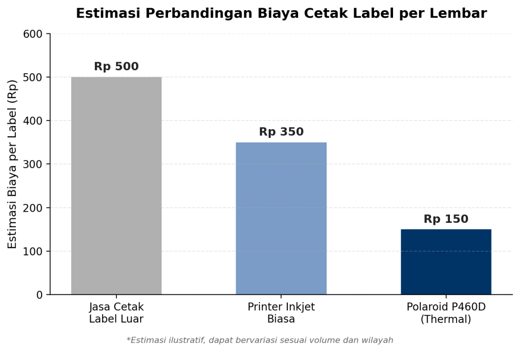 image | PT All ID Indonesia Grafik batang: estimasi biaya cetak label per lembar untuk tiga metode: Rp500 (Jasa Cetak Label Luar), Rp350 (Printer Inkjet), Rp150 (Polaroid P460D Thermal).