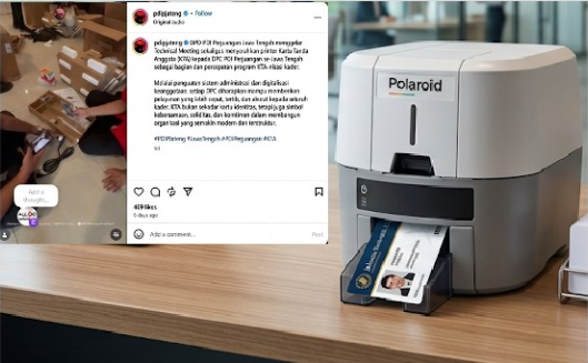 image | PT All ID Indonesia Polaroid photo printer on a wooden desk printing a photo, with a social media post overlay showing people handling packages in the background.