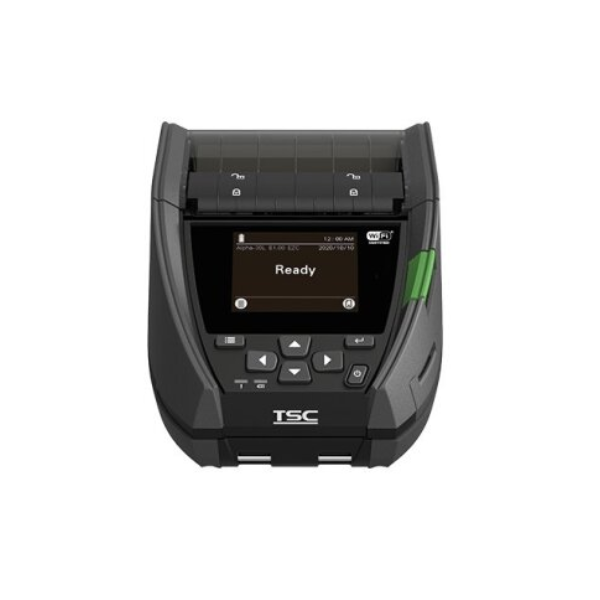TSC Alpha-40L 4-inch Mobile Label Receipt Printer 3 | PT All ID Indonesia Portable handheld thermal receipt printer, front view, with a small screen reading 'Ready' and a green side latch on the right.