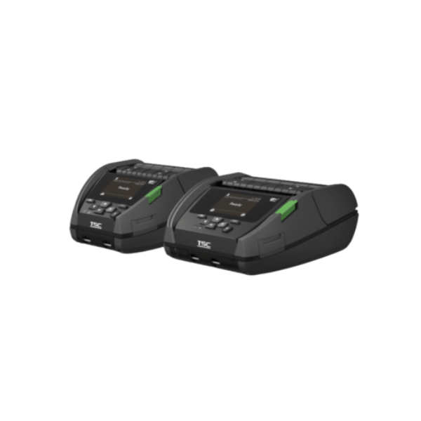 TSC Alpha-40L 4-inch Mobile Label Receipt Printer 4 | PT All ID Indonesia Pair of black TSC thermal label printers placed side by side with small screens and green feed levers.