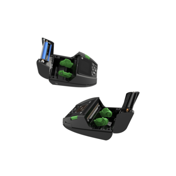 TSC Alpha-40L 4-inch Mobile Label Receipt Printer 5 | PT All ID Indonesia Two compact black card printers with their lids open, exposing green internal gears and blue cartridges.