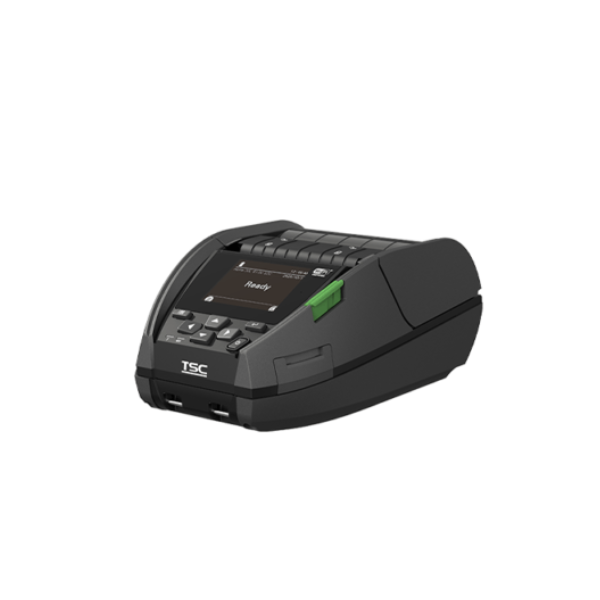 TSC Alpha-40L 4-inch Mobile Label Receipt Printer | PT All ID Indonesia Compact TSC portable receipt printer with a small display showing 'Ready' and a green paper feed button on the side.