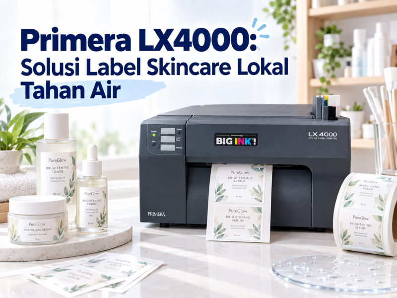 Printer on a bright desk printing skincare product labels, with bottles and jars nearby in a clean workspace.
