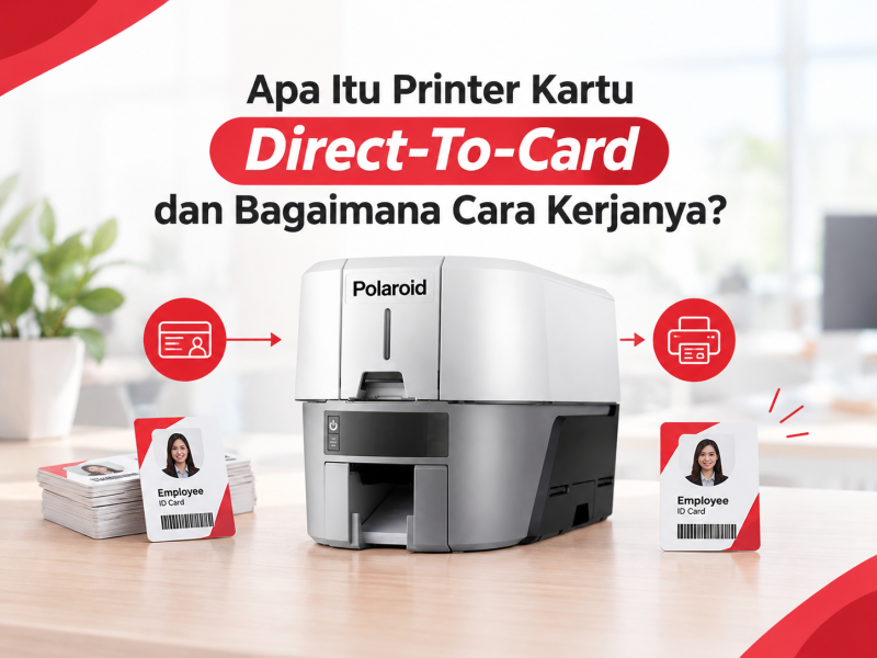 Polaroid Direct-To-Card ID card printer on a desk with sample employee ID cards nearby and red graphic accents in the background.